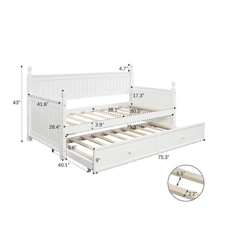 Lit de jour moderne White+Trundle pour une personne avec lit gigogne et rangement dissimulé