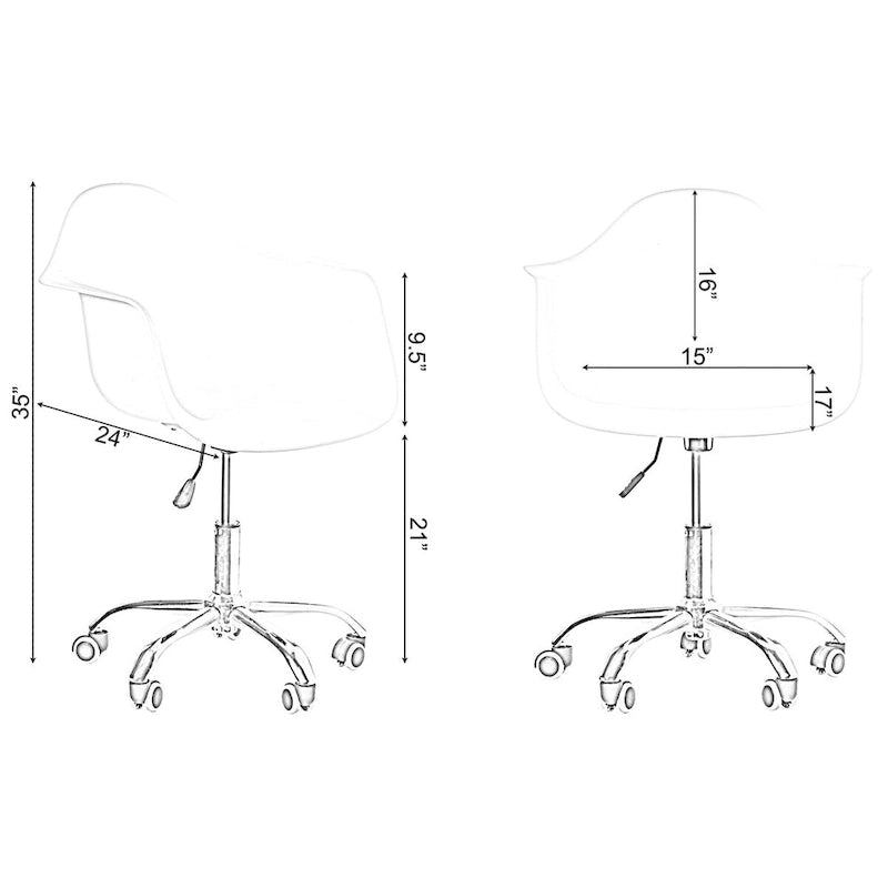Chaise de bureau pivotante réglable de style moderne du milieu du siècle, coque moulée en plastique, avec roulettes