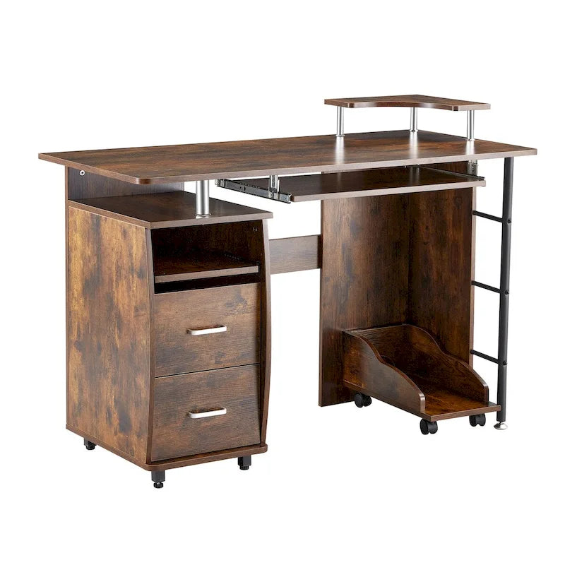 Bureau d'ordinateur en bois massif, table de bureau avec support pour PC, étagères de rangement et classeur, deux tiroirs, plateau pour unité centrale, une étagère