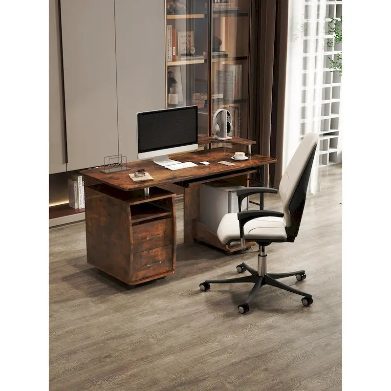 Bureau d'ordinateur en bois massif, table de bureau avec support pour PC, étagères de rangement et classeur, deux tiroirs, plateau pour unité centrale, une étagère