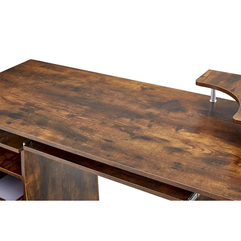 Bureau d'ordinateur en bois massif, table de bureau avec support pour PC, étagères de rangement et classeur, deux tiroirs, plateau pour unité centrale, une étagère
