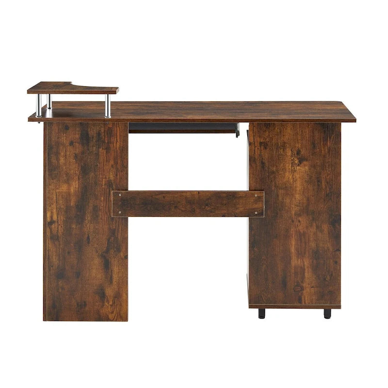 Bureau d'ordinateur en bois massif, table de bureau avec support pour PC, étagères de rangement et classeur, deux tiroirs, plateau pour unité centrale, une étagère