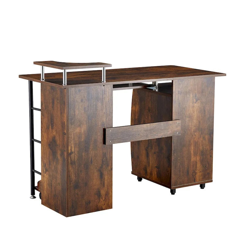Bureau d'ordinateur en bois massif, table de bureau avec support pour PC, étagères de rangement et classeur, deux tiroirs, plateau pour unité centrale, une étagère