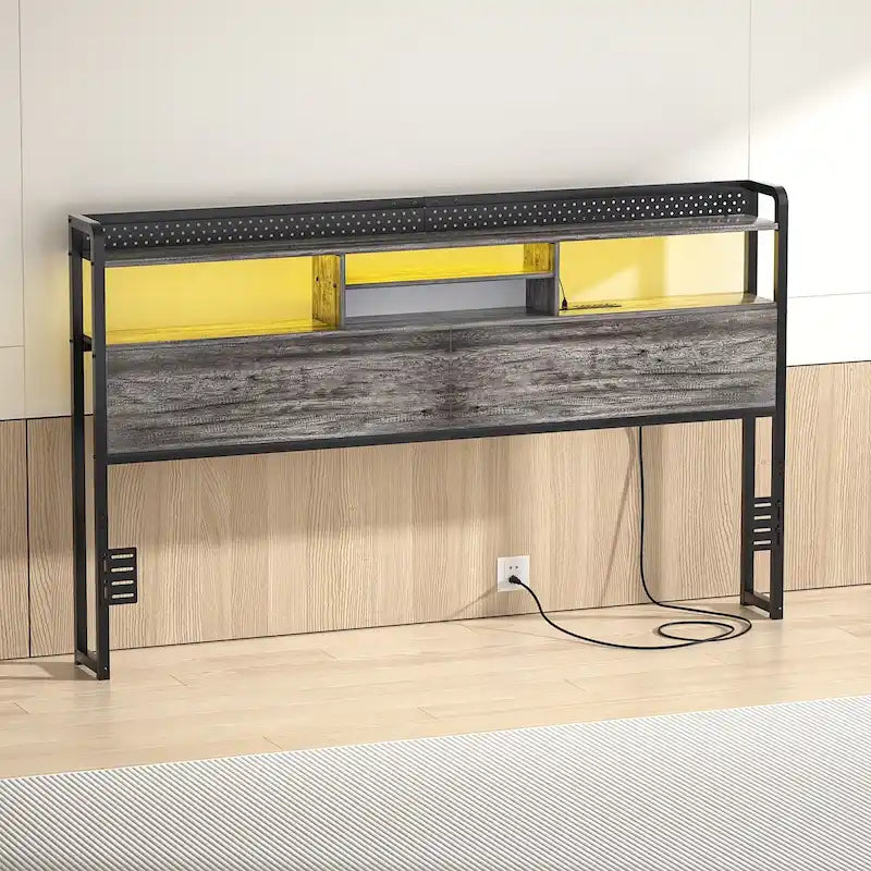 Tête de lit avec étagère de rangement et station de charge, tête de lit réglable en hauteur avec éclairage LED