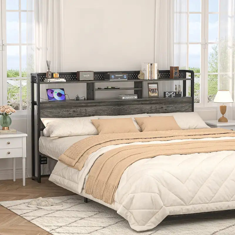 Tête de lit avec étagère de rangement et station de charge, tête de lit réglable en hauteur avec éclairage LED