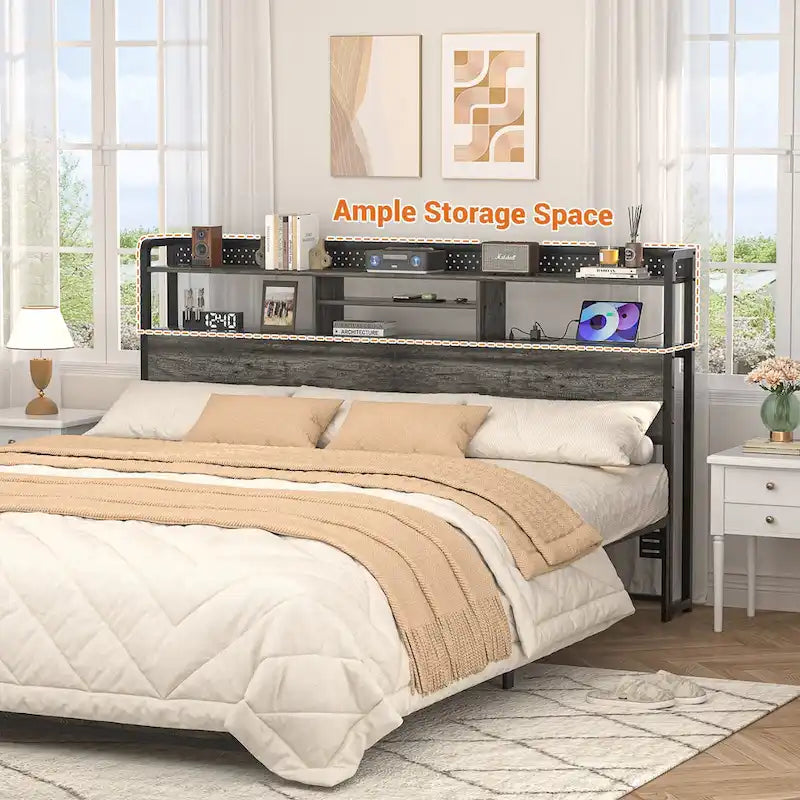 Tête de lit avec étagère de rangement et station de charge, tête de lit réglable en hauteur avec éclairage LED