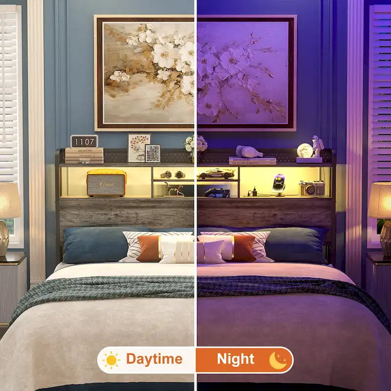 Tête de lit avec étagère de rangement et station de charge, tête de lit réglable en hauteur avec éclairage LED