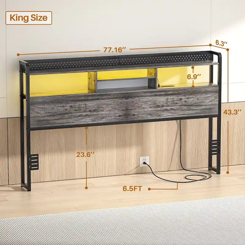 Tête de lit avec étagère de rangement et station de charge, tête de lit réglable en hauteur avec éclairage LED