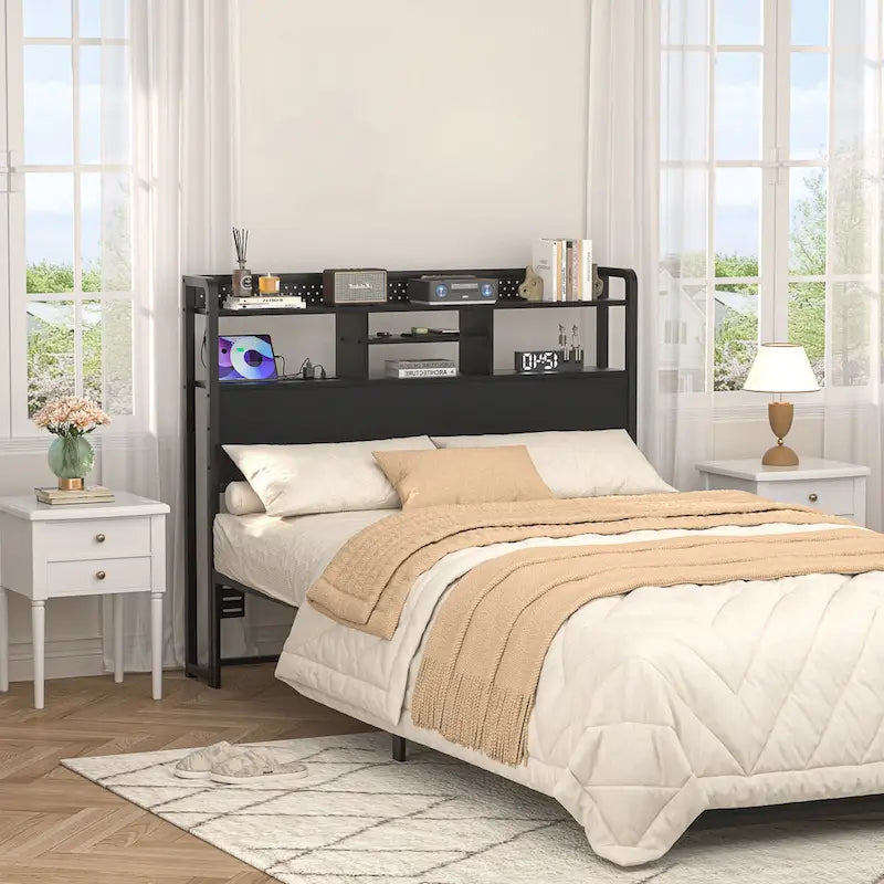 Tête de lit avec étagère de rangement et station de charge, tête de lit réglable en hauteur avec éclairage LED