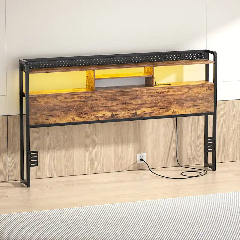 Tête de lit avec étagère de rangement et station de charge, tête de lit réglable en hauteur avec éclairage LED