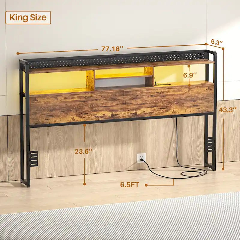 Tête de lit avec étagère de rangement et station de charge, tête de lit réglable en hauteur avec éclairage LED