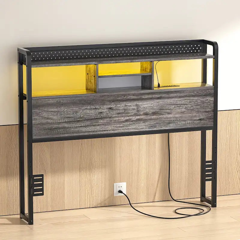 Tête de lit avec étagère de rangement et station de charge, tête de lit réglable en hauteur avec éclairage LED
