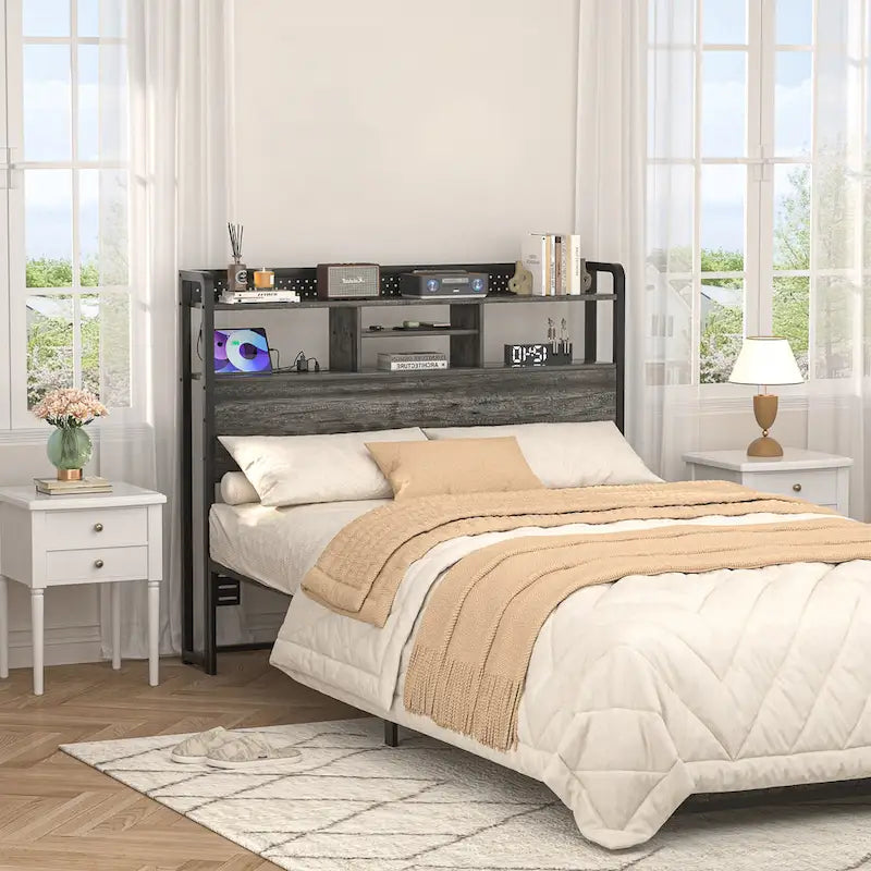 Tête de lit avec étagère de rangement et station de charge, tête de lit réglable en hauteur avec éclairage LED