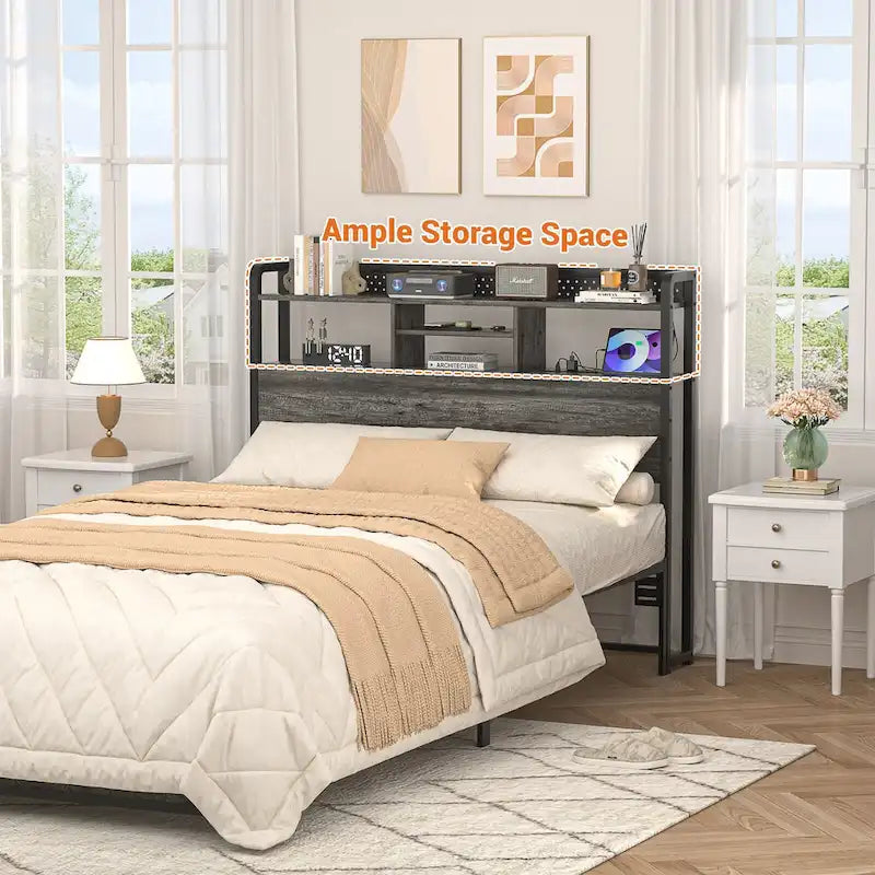 Tête de lit avec étagère de rangement et station de charge, tête de lit réglable en hauteur avec éclairage LED