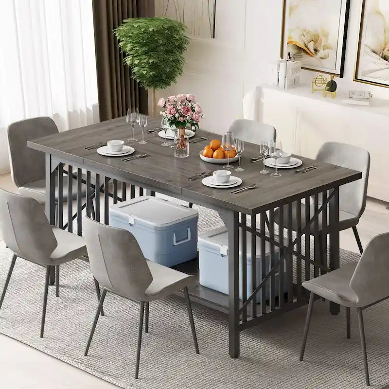 Table de cuisine Moasis 70 pouces (178 cm) pour 6 à 8 personnes, style industriel campagnard, avec étagère de rangement.