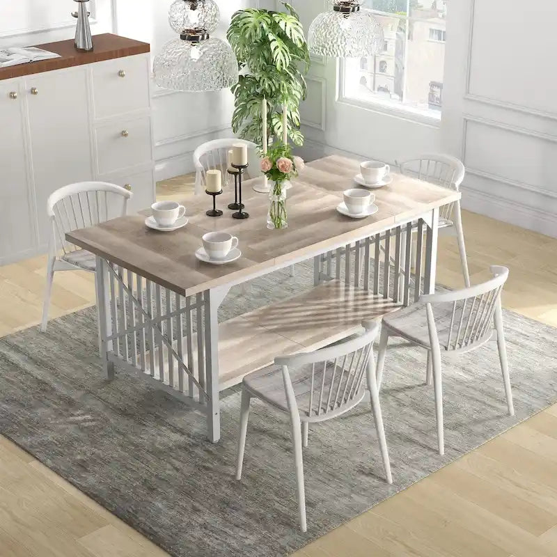 Table de cuisine Moasis 70 pouces (178 cm) pour 6 à 8 personnes, style industriel campagnard, avec étagère de rangement.