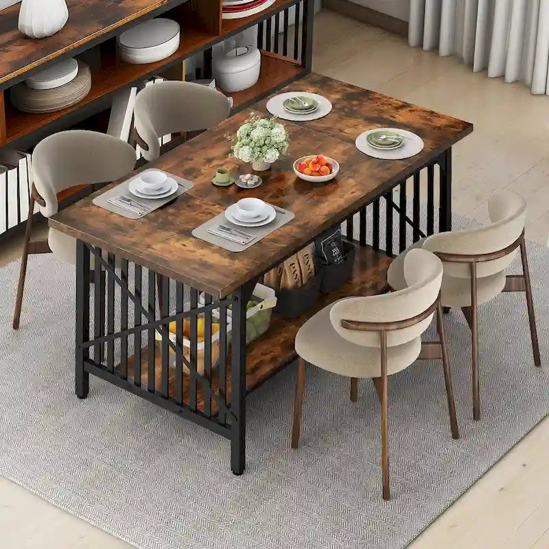 Table de cuisine Moasis 70 pouces (178 cm) pour 6 à 8 personnes, style industriel campagnard, avec étagère de rangement.