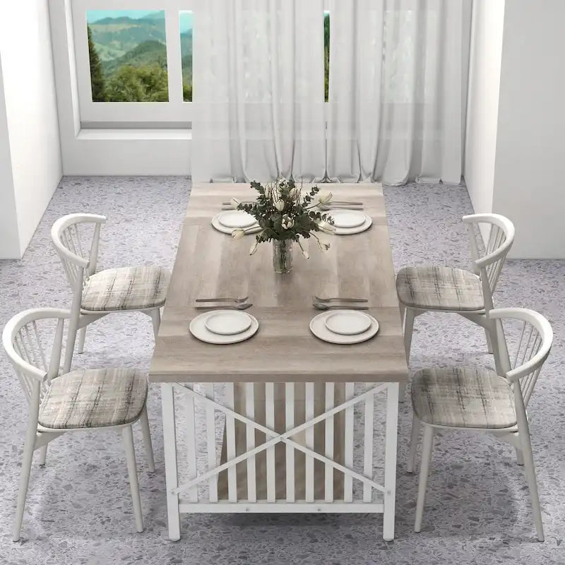 Table de cuisine Moasis 70 pouces (178 cm) pour 6 à 8 personnes, style industriel campagnard, avec étagère de rangement.