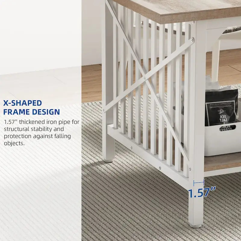 Table de cuisine Moasis 70 pouces (178 cm) pour 6 à 8 personnes, style industriel campagnard, avec étagère de rangement.