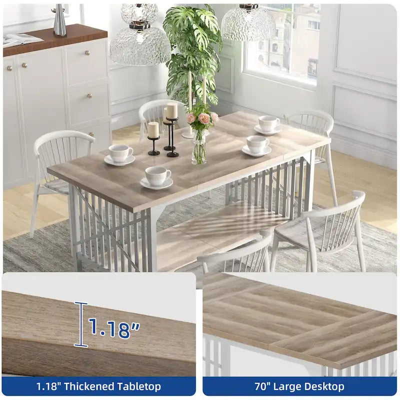 Table de cuisine Moasis 70 pouces (178 cm) pour 6 à 8 personnes, style industriel campagnard, avec étagère de rangement.