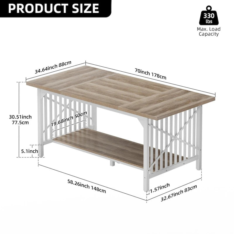 Table de cuisine Moasis 70 pouces (178 cm) pour 6 à 8 personnes, style industriel campagnard, avec étagère de rangement.