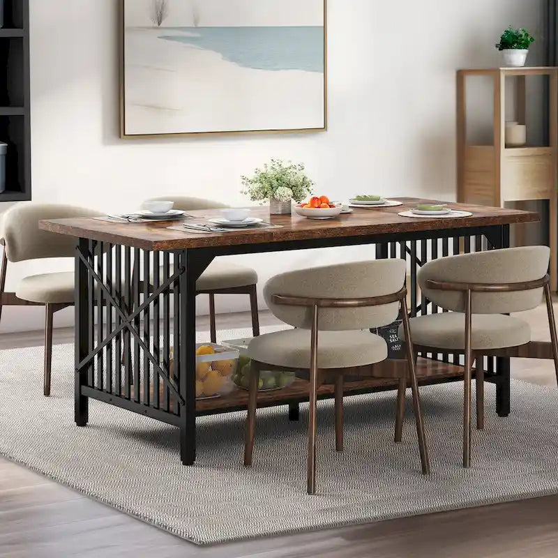 Table de cuisine Moasis 70 pouces (178 cm) pour 6 à 8 personnes, style industriel campagnard, avec étagère de rangement.