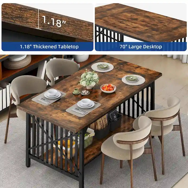 Table de cuisine Moasis 70 pouces (178 cm) pour 6 à 8 personnes, style industriel campagnard, avec étagère de rangement.