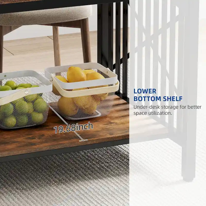 Table de cuisine Moasis 70 pouces (178 cm) pour 6 à 8 personnes, style industriel campagnard, avec étagère de rangement.