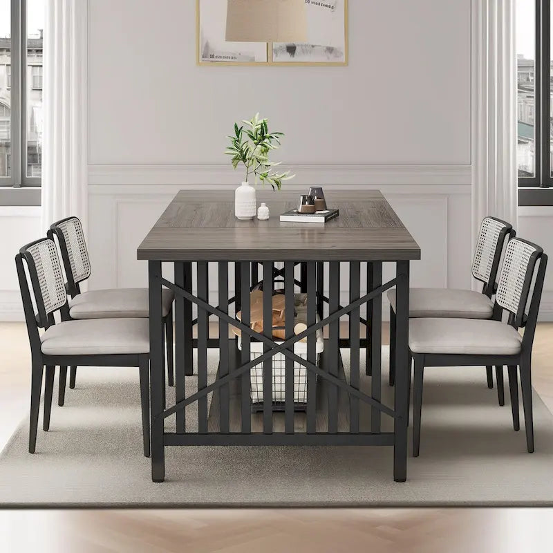 Table de cuisine Moasis 70 pouces (178 cm) pour 6 à 8 personnes, style industriel campagnard, avec étagère de rangement.