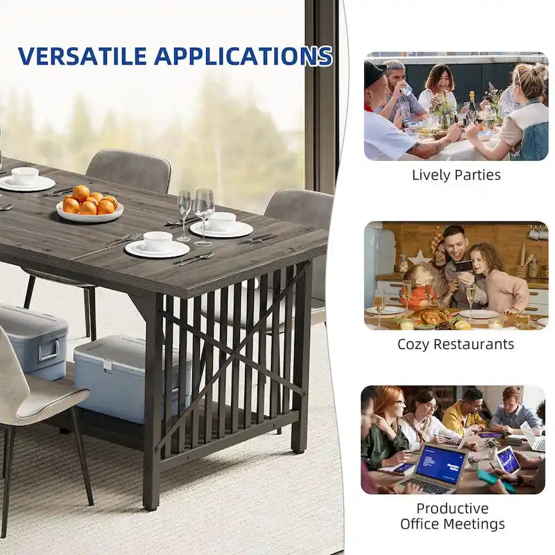 Table de cuisine Moasis 70 pouces (178 cm) pour 6 à 8 personnes, style industriel campagnard, avec étagère de rangement.