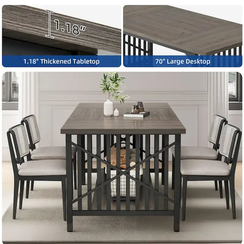 Table de cuisine Moasis 70 pouces (178 cm) pour 6 à 8 personnes, style industriel campagnard, avec étagère de rangement.