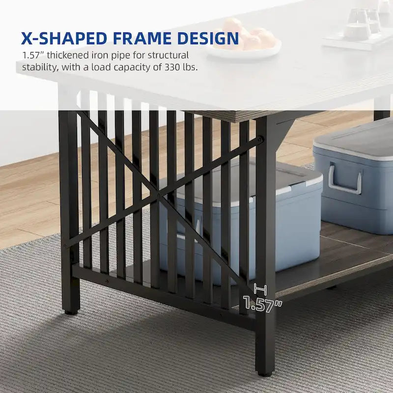 Table de cuisine Moasis 70 pouces (178 cm) pour 6 à 8 personnes, style industriel campagnard, avec étagère de rangement.