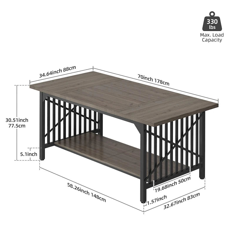 Table de cuisine Moasis 70 pouces (178 cm) pour 6 à 8 personnes, style industriel campagnard, avec étagère de rangement.